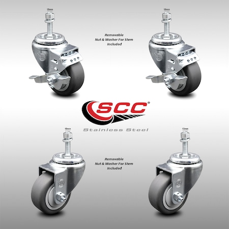 Service Caster 3.5 Inch SS Thermoplastic Rubber Swivel 1/2 Inch Threaded Stem Caster Brakes, 2PK SCC-SSTS20S3514-TPRB-M1015-2-TLB-2